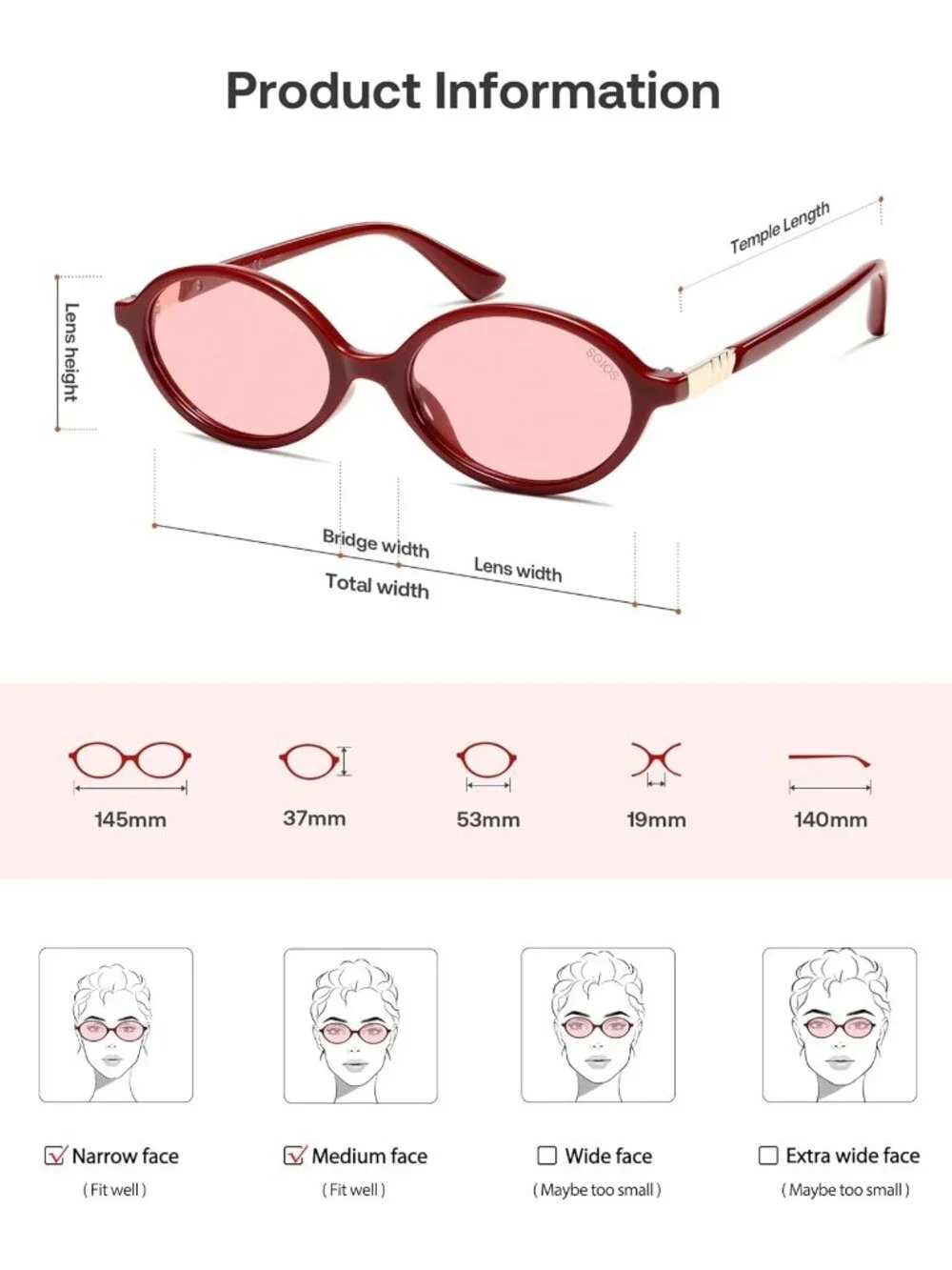 SOJOS Women's Light Red Polarized Retro Oval Sunglasses Vintage Trendy Designer